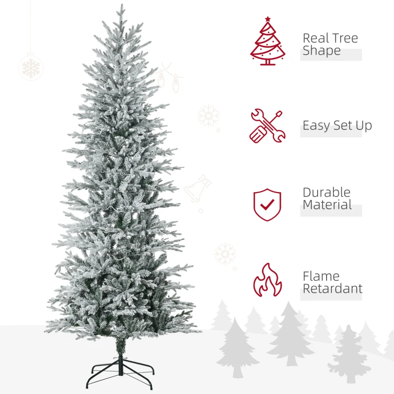 HOMCOM 7.5' Pre Lit Artificial Flocked Christmas Trees, with Snow Branches, Warm Yellow Clear Lights, Auto Open, Extra Bulb
