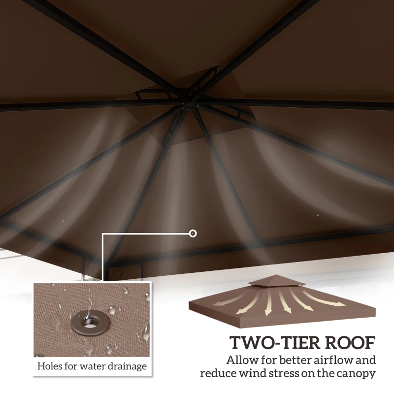 Outsunny 10' x 10' Square 2-Tier Gazebo Canopy Replacement Top Cover Outdoor Garden Sun Shade, Coffee
