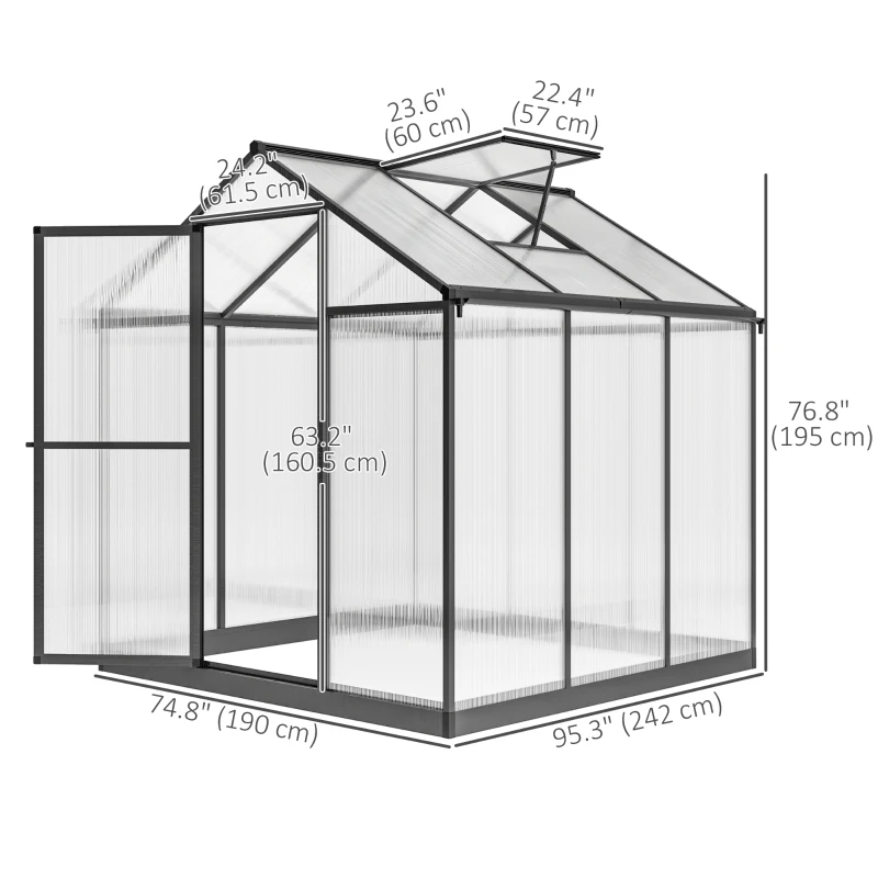Outsunny 6' x 8' x 6.4' Polycarbonate Greenhouse, Aluminum Walk-In Green House Kit Garden, Plants Grow with Rain Gutter and Roof Vent, Charcoal Grey