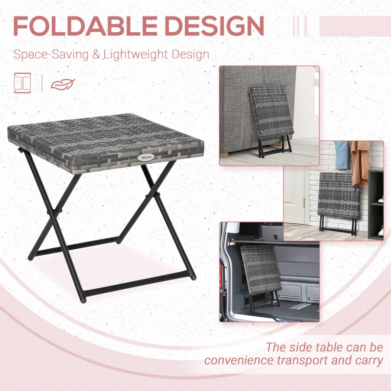 Outsunny Rattan Coffee Table Folding Patio Outdoor Side Table Wicker for Balcony, Porch, Poolside, 15.75"x15.75"x15.75", Grey