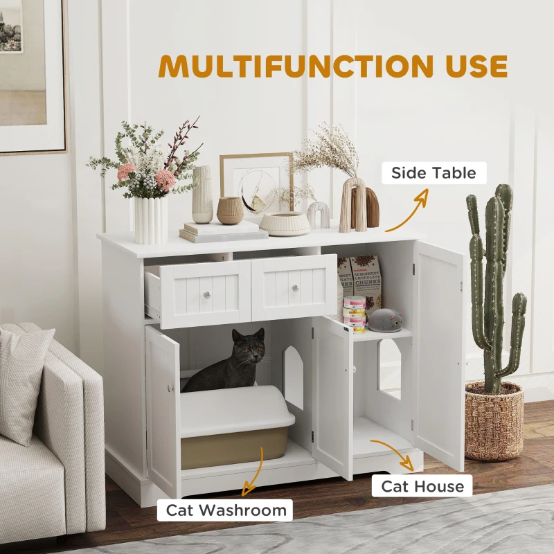 PawHut Cat Litter Box Enclosure with Drawers, Storage, Anti-tip Kit, 39" x 18" x 31.5", White