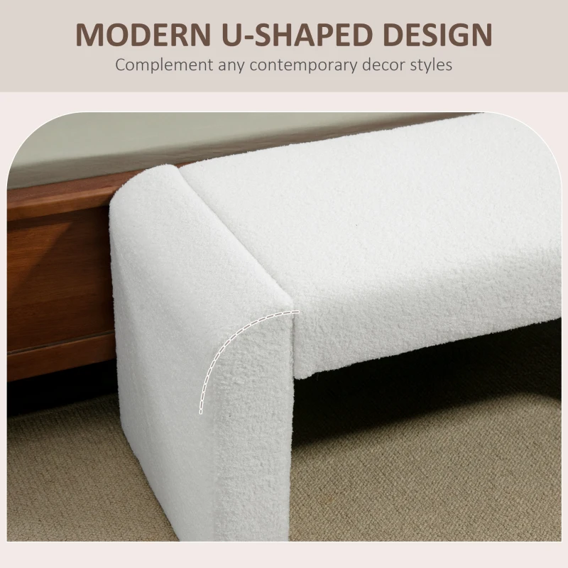 HOMCOM Upholstered Bedroom Bench, Boucle End of Bed Bench, Modern U-Shaped Entryway Bench, 39 x 18 x 18 Inches, White