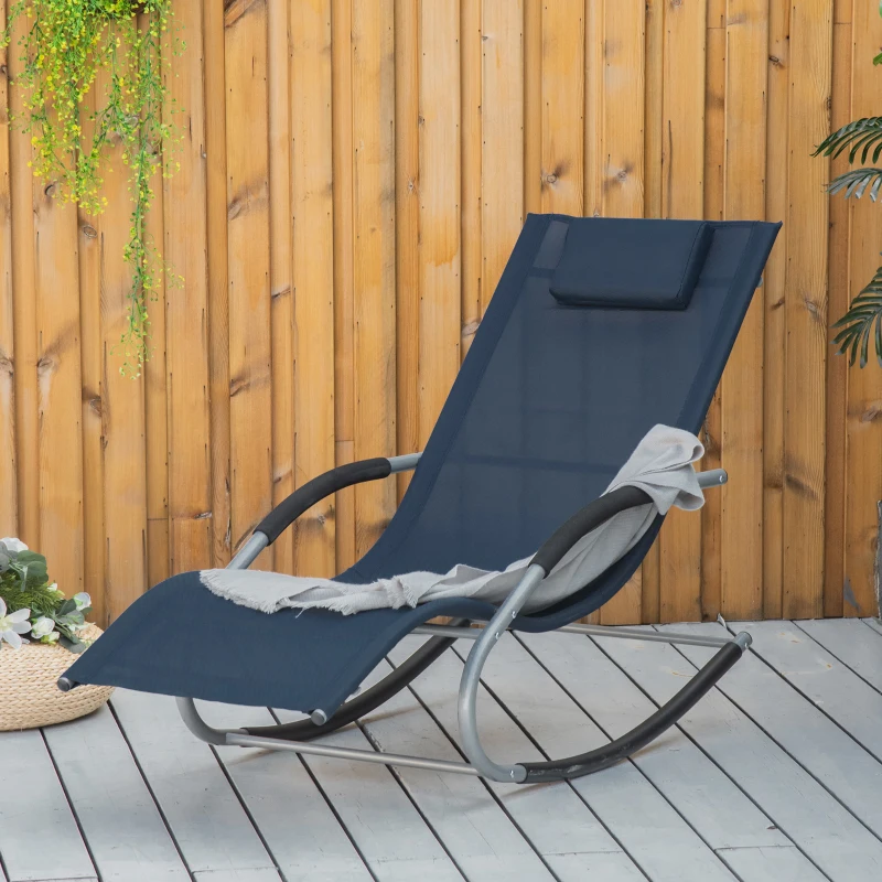 Outsunny Zero Gravity Rocking Chair Outdoor Chaise Lounge Chair Recliner Rocker with Detachable Pillow and Weather-Fighting Fabric for Patio, Deck, Pool, Navy Blue