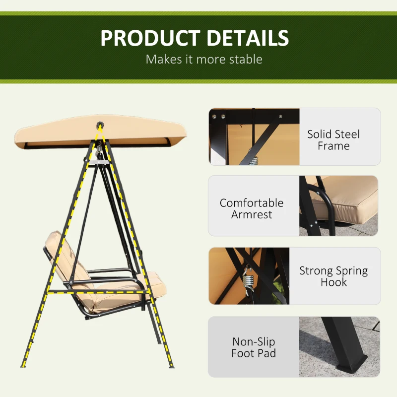 Outsunny 2 Seater Covered Outdoor Swing Chair Hammock Bench with Cushion Tilt Canopy Beige