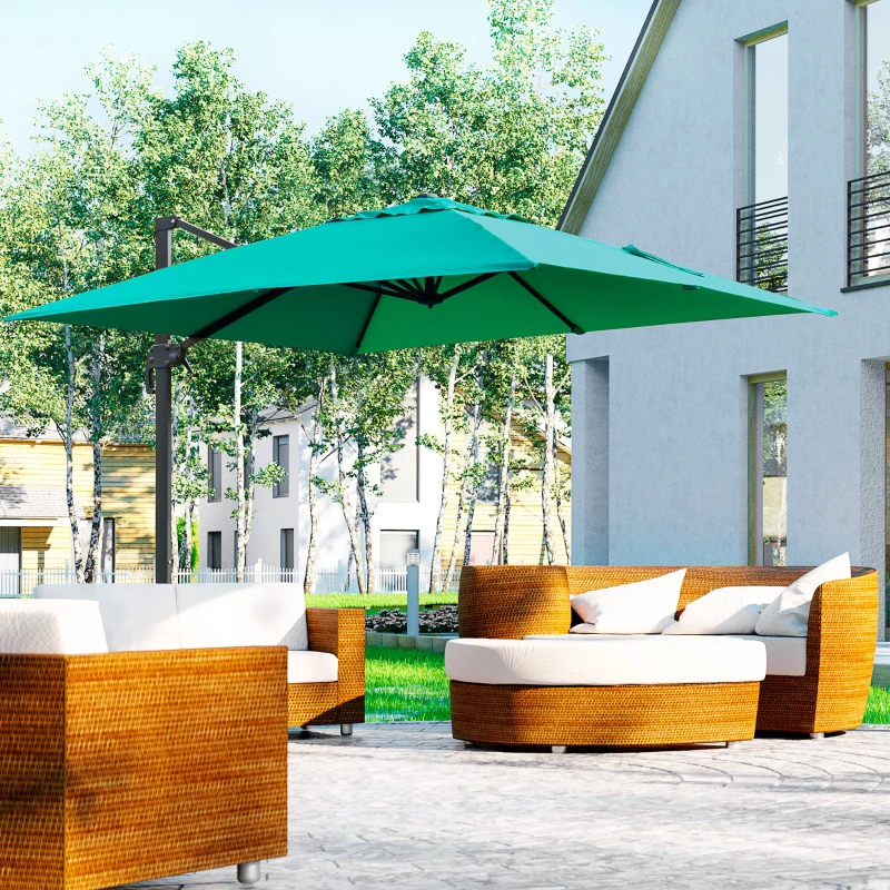 Outsunny 10x10ft Cantilever Umbrella with 4 Adjustable Angle and Rotation, Square Top Market Parasol with Aluminum Pole and Ribs for Backyard Patio Outdoor Area, Green
