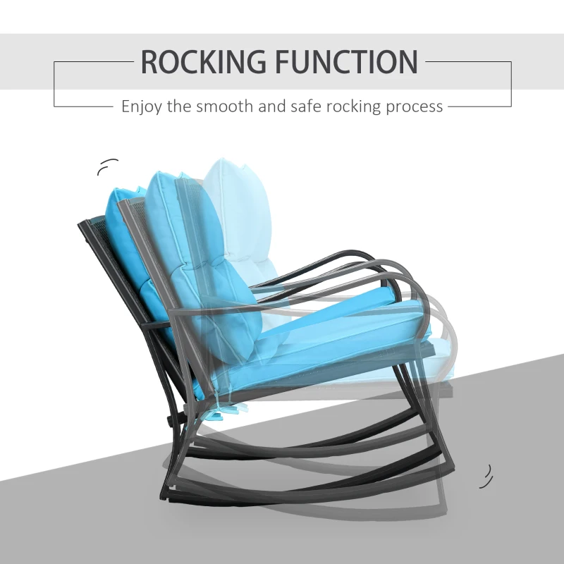 Outsunny 3 Pieces Patio Wicker Rocking Chairs Table Set, Outdoor PE Rattan Furniture with 2 Rockers & 1 Coffee Table w/ Padded Cushions for Deck, Backyard, Garden, Blue