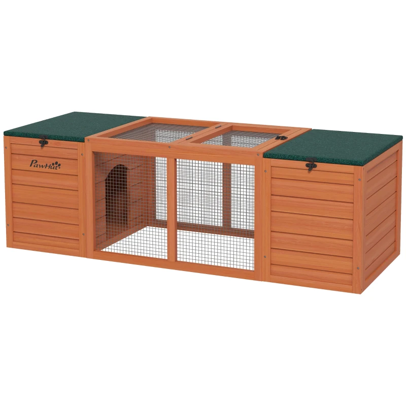 PawHut Outdoor Rabbit Cage Wooden Rabbit Hutch with Double Main House, Openable Tops, Asphalt Roofs for 1-2 Rabbits, Orange