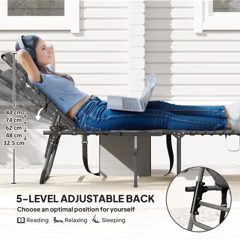 Outsunny Folding Outdoor Chaise Lounge Chair Tanning Chair with 5-Level Adjustable Back, Side Table, Pillow, Pocket, Gray