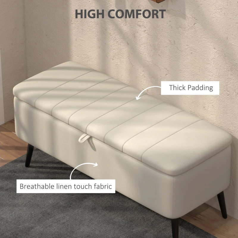 HOMCOM 40" Ottoman with Storage, Linen Upholstered Storage Ottoman Bench with Steel Legs for Living Room, Bedroom Cream White