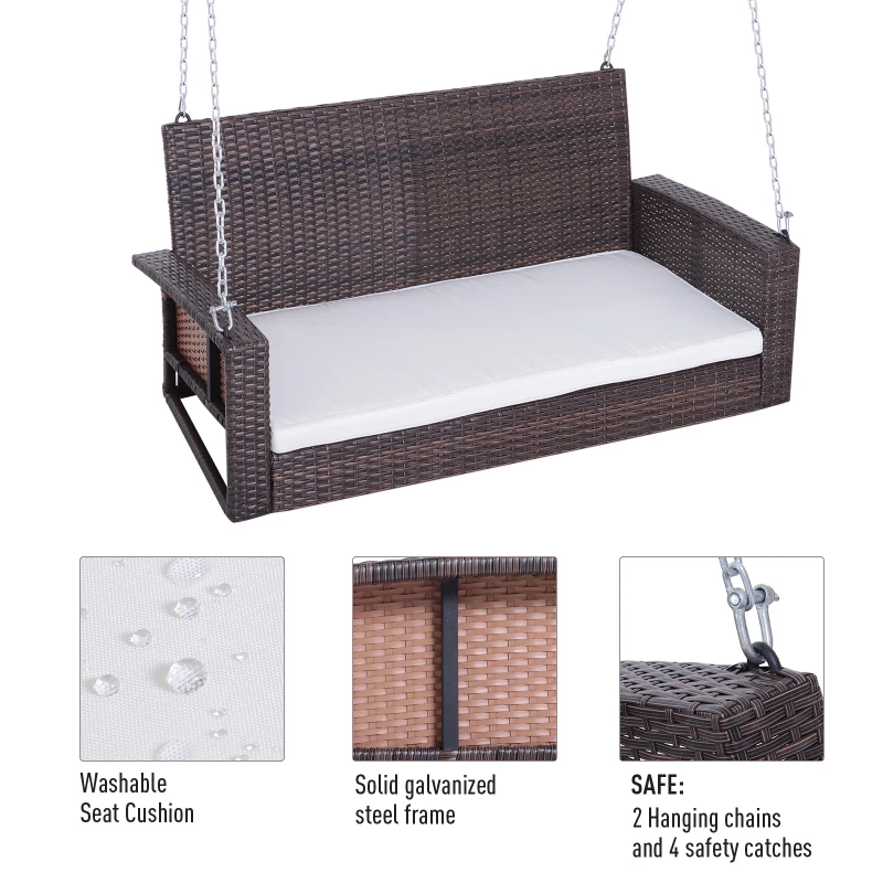 Outsunny 2-Person Patio Porch Swing Chair, Outdoor Rattan Hanging Bench with Cushion & 7.2 ft Steel Chains, Beige