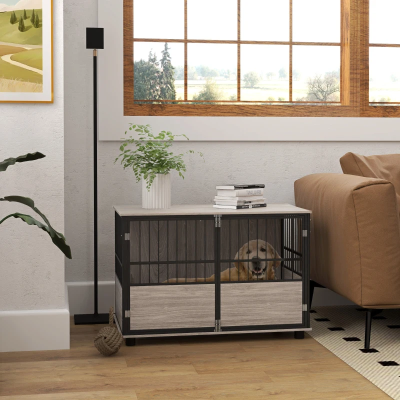 PawHut 39.5" Furniture Style Dog Crate End Table w/ 3 Doors for Small to Large Dogs, Walnut Finish