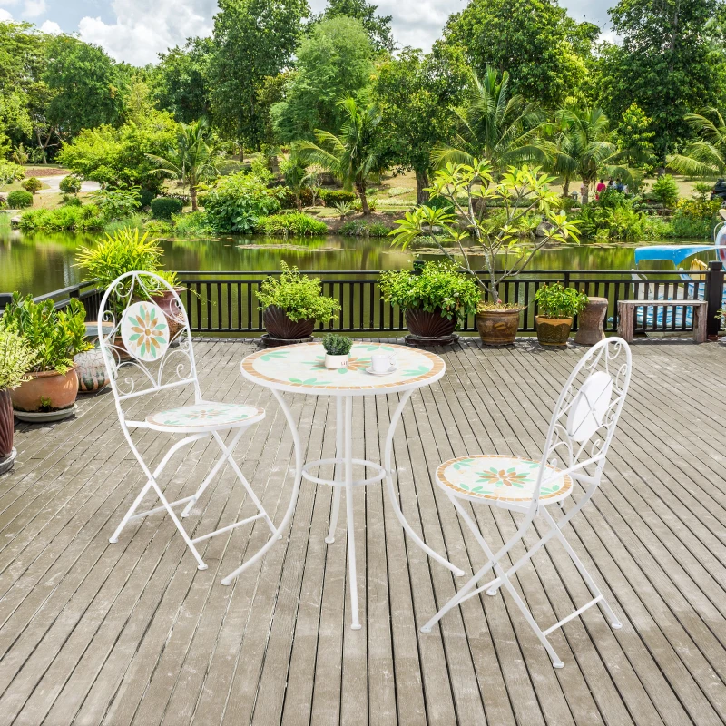 Outsunny 3 Piece Patio Bistro Set, Floral Mosaic Pattern, Metal Folding Chairs, Foldable Outdoor Dining Table for Coffee, Decor, Garden, Poolside, Porch, White
