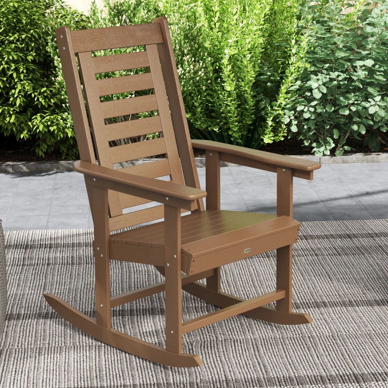 Outsunny 2 Pieces Outdoor Rocking Chairs, HDPE Patio Rockers with 28" High Back, Wide Armrests for Porch Backyard, Brown