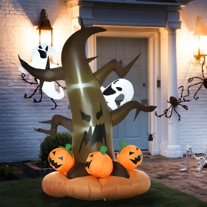 HOMCOM 8' Halloween Inflatables Outdoor Decorations LED Dead Tree with Ghost Pumpkins Indoor Outdoor Blow Up LED Yard Decor, for Garden, Lawn, Party, Holiday