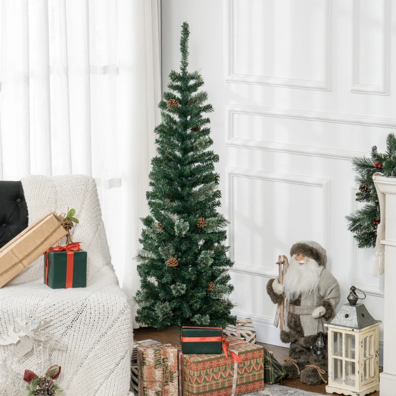 HOMCOM 5ft Pencil Christmas Tree, Artificial Christmas with Pine Needles, Realistic Branches, Pine Cones, Metal Base, Green