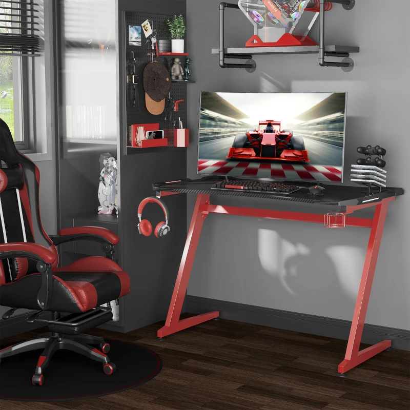 HOMCOM 48" Gaming Desk, Home Office Computer Writing Table with Large Workstation, Cup Holder, Headphone Rack, Gamepad Holder, Black and Red