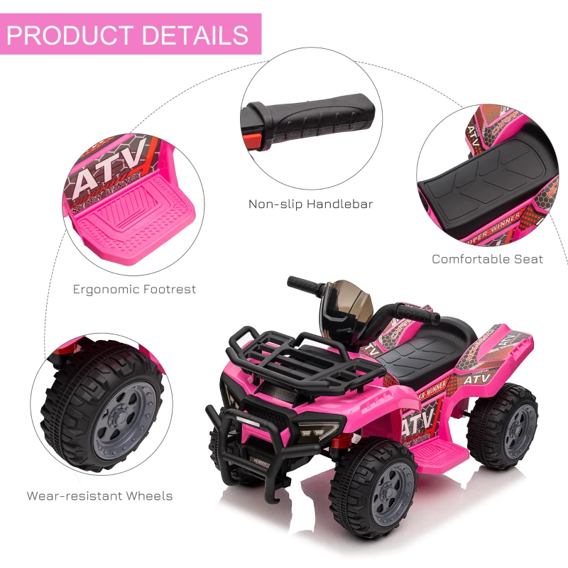 Aosom Kids Four Wheeler  Ride on Car, Motorized Quad, 6V Battery Powered Electric Quad with Songs for 18-36 Months, Pink