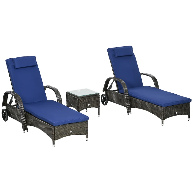 Outsunny Patio Wicker Chaise Lounge Chair Set of 2 with Table, 5-Level Adjustable Backrest, Wheels, Cushion & Headrest, Blue