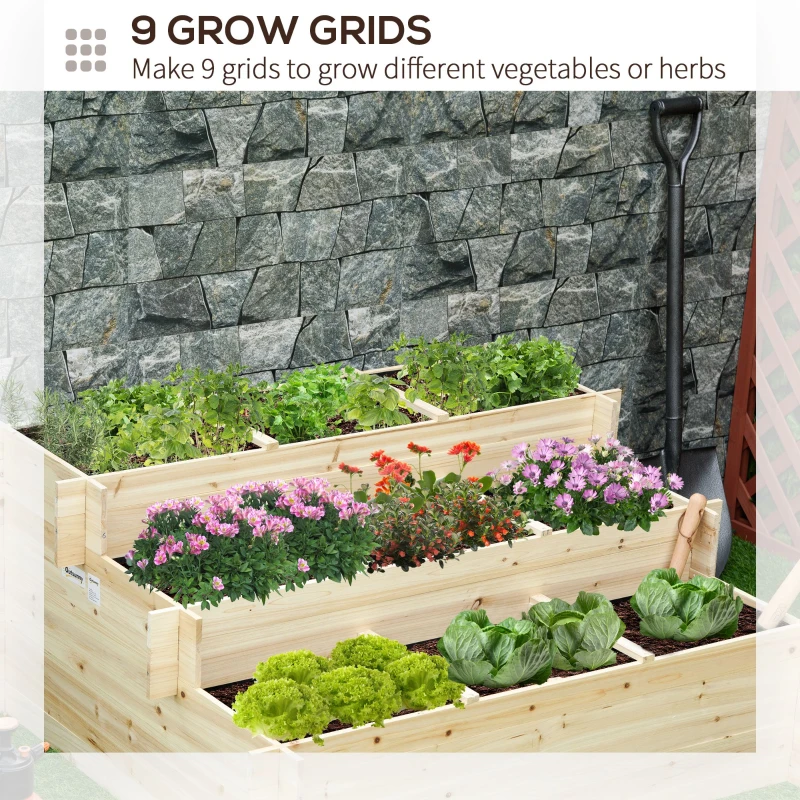 Outsunny 3 Tier Raised Garden Bed with 9 Grow Grids and Bed Liner for Garden, Outdoor to Vegetables, Flowers, Natural
