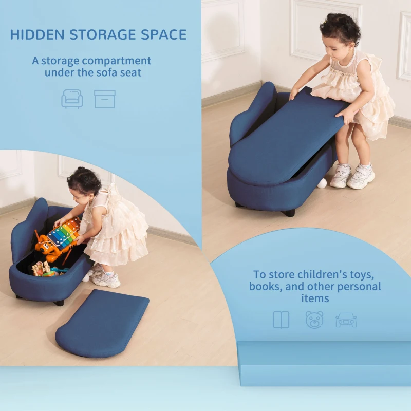 Qaba Kids Sofa, Toddler Couch with Storage Compartment, Children Chaise Lounge, Armrest Chair for Preschool for Kids Room, Kindergarten, Eucalyptus Wood, Blue