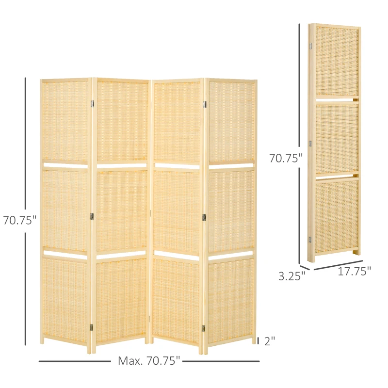 HOMCOM 4-Panel Folding Room Divider, 6 Ft Freestanding Bamboo Privacy Screen Panel with Storage Shelves for Bedroom or Office, Natural Wood Color