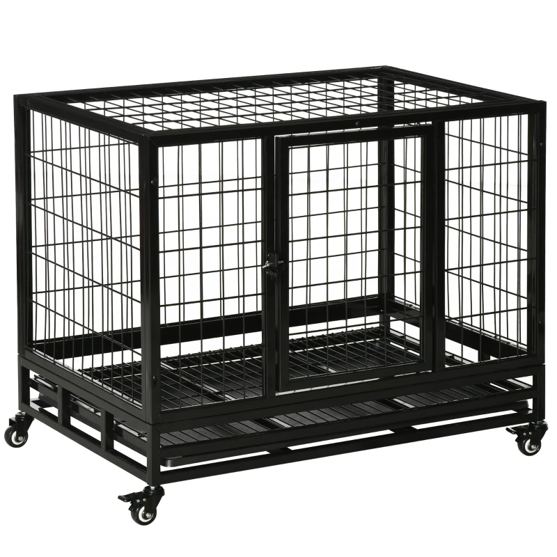 PawHut 36" Heavy Duty Dog Crate with Removable Tray, Lockable Wheels and Double Door, for Medium and Large Dogs, Black
