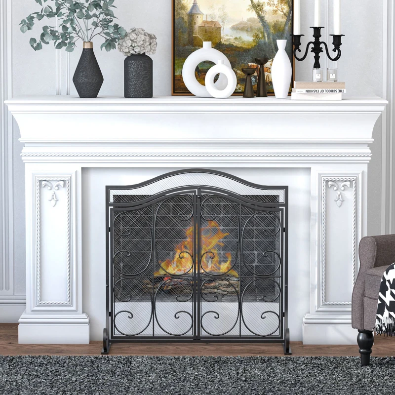 HOMCOM 2-Panel Mesh Fireplace Screen Cover with Double Doors, Steel Fire Spark Guard Cover, 34x35in Art Modern Decoration for Living Room, Black
