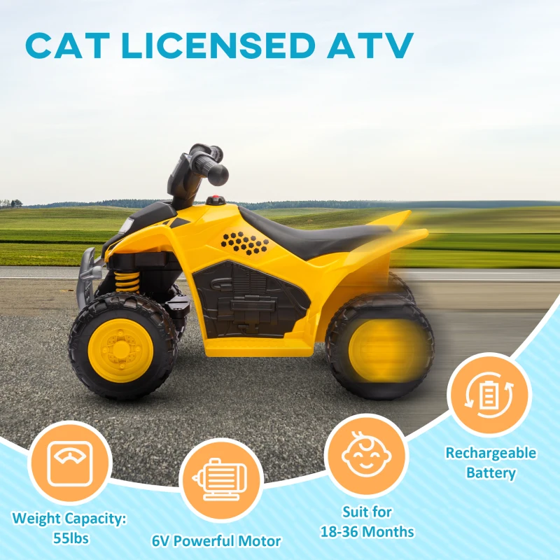 Qaba CAT Licensed Kids ATV 6V Four-Wheeler for Kids w/ Horn, LED Headlights for 18-36 Months, Yellow