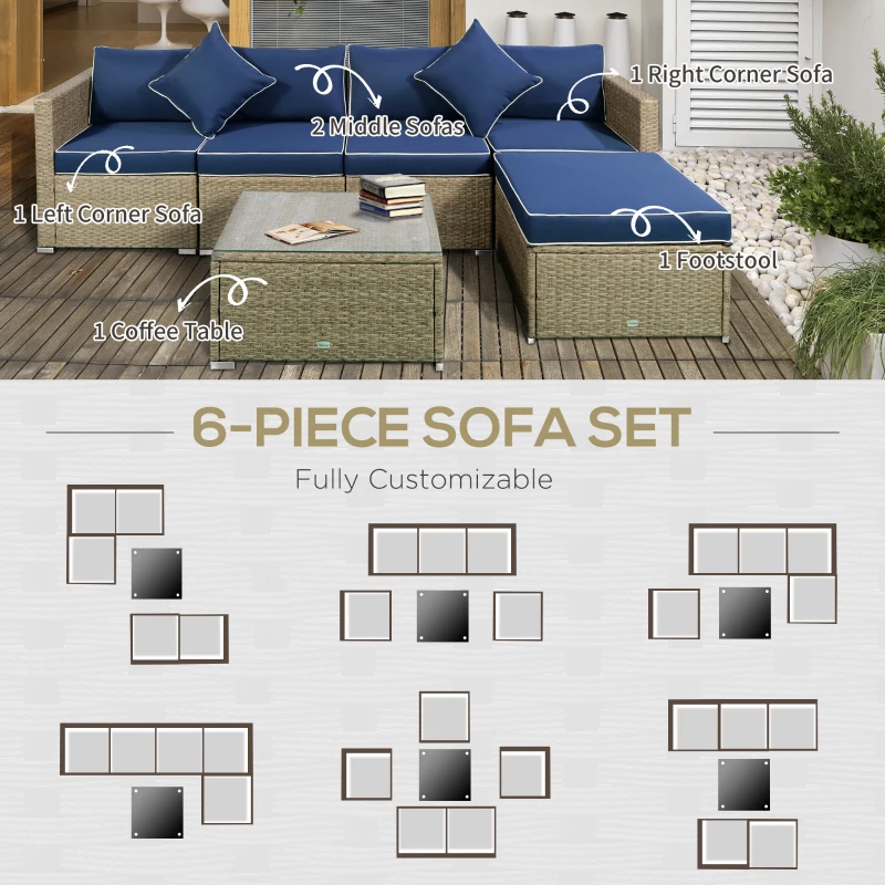 Outsunny 6 Piece Patio Furniture Set Outdoor Wicker Conversation Set All Weather PE Rattan Sectional Sofa Set with Ottoman, Cushions and Tempered Glass Table, Mixed Yellow and Navy Blue