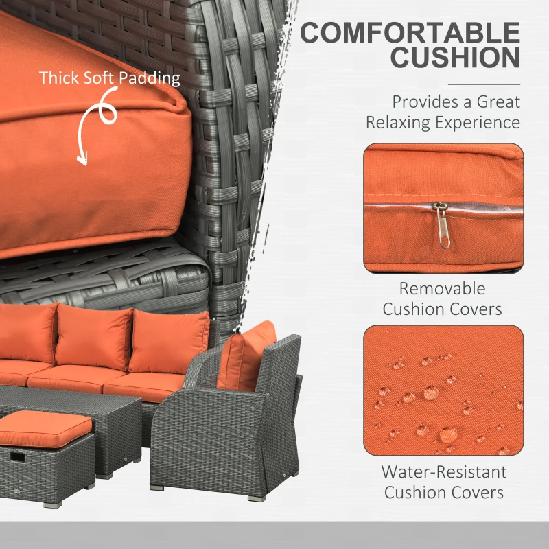 Outsunny Patio Furniture with Cushions, 6 Pieces PE Wicker Patio Sectional Furniture Conversation Set w/ a Three-Seat Sofa, 2 Recliner Chairs, 2 Footstools & Table, Orange