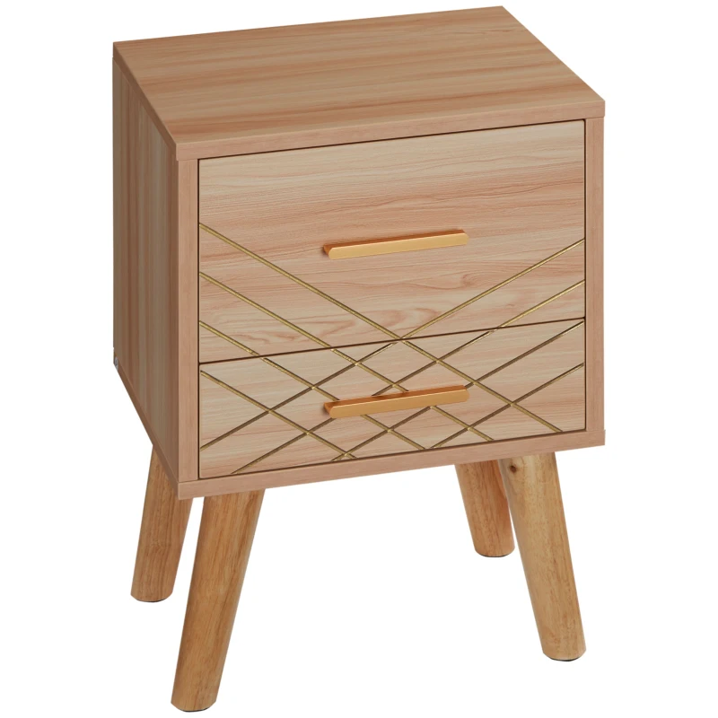 HOMCOM Scandinavian Bedside Table, Side End Table with 2 Drawers and Wood Legs, 13.8" x 12.6" x 20.3", Natural