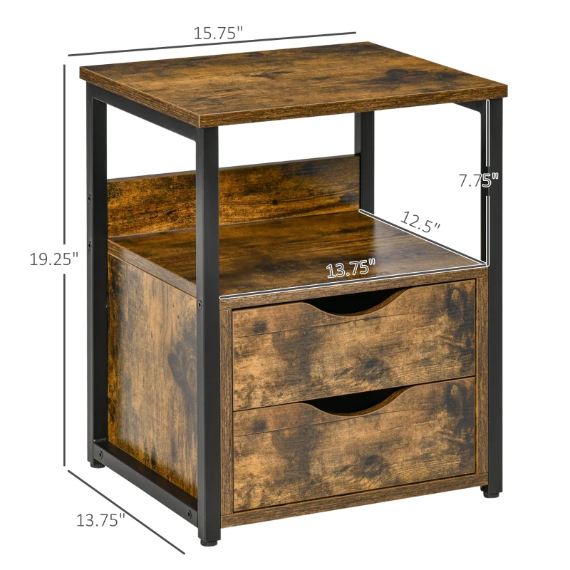 HOMCOM Industrial End Table with 2 Drawers and Open Shelf, Side Table for Living Room, Brown