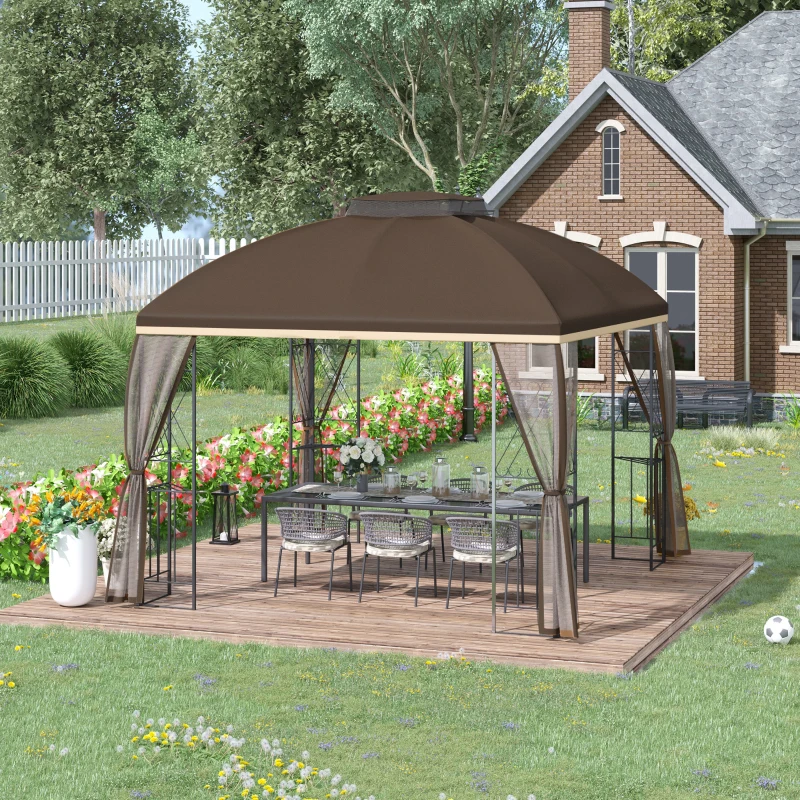 Outsunny 10' x 10' Patio Gazebo with Corner Shelves, Double Roof Outdoor Gazebo Canopy Shelter with Removable Mesh Netting, for Garden, Lawn, Backyard and Deck, Brown