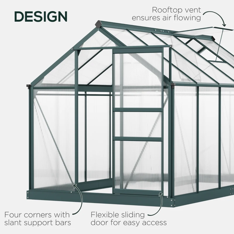 Outsunny 6' x 10' x 6.6' Polycarbonate Greenhouse, Walk-In Green House Kit Garden, Plants Grow, Galvanized Sheet Aluminum Frame with Rain Gutter, Vents and Sliding Door, Green