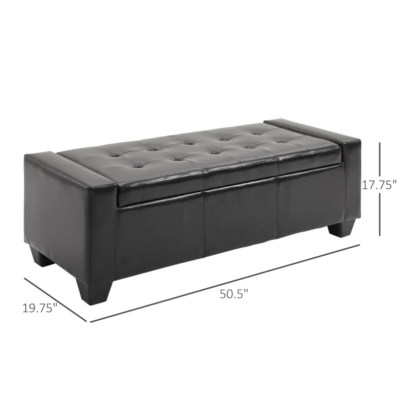 HOMCOM 51" Ottoman with Storage, Storage Ottoman Bench with Safty Hinge, Faux Leather Upholstered Entryway Bench with Seating for Living Room, Bedroom, Holds up to 330 lb, Black
