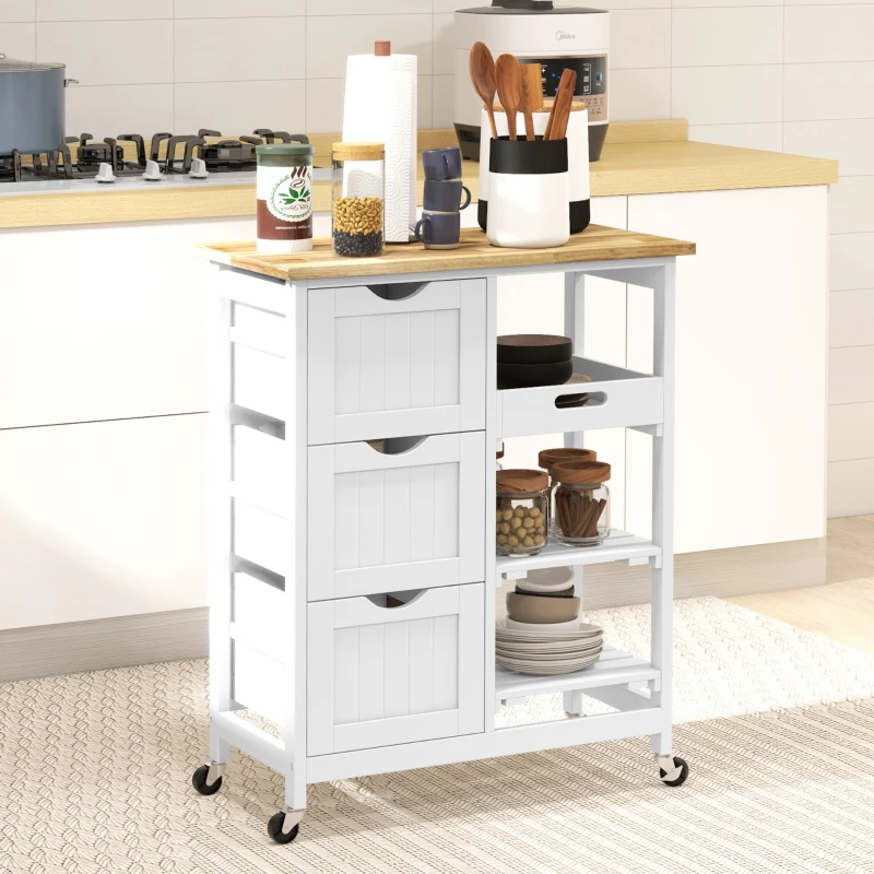 HOMCOM Rolling Kitchen Cart, Kitchen Island with Wood Top, Shelves & Drawers for Dining Area, White
