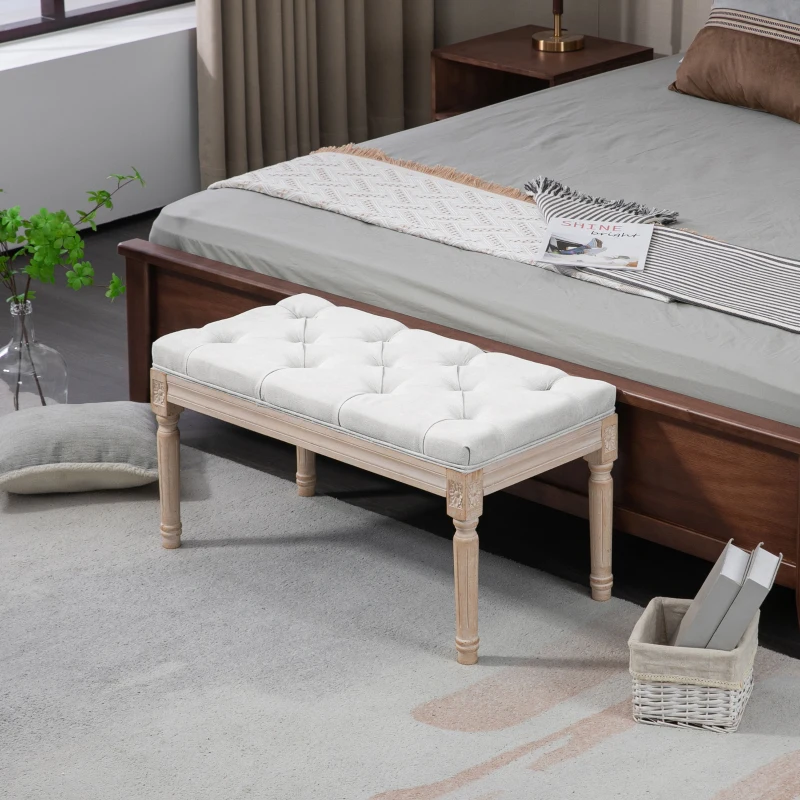 HOMCOM 32" Linen Upholstered Bedroom Bench, French End of Bed Bench with Thick Padded Cushion and Wooden Legs, Cream White