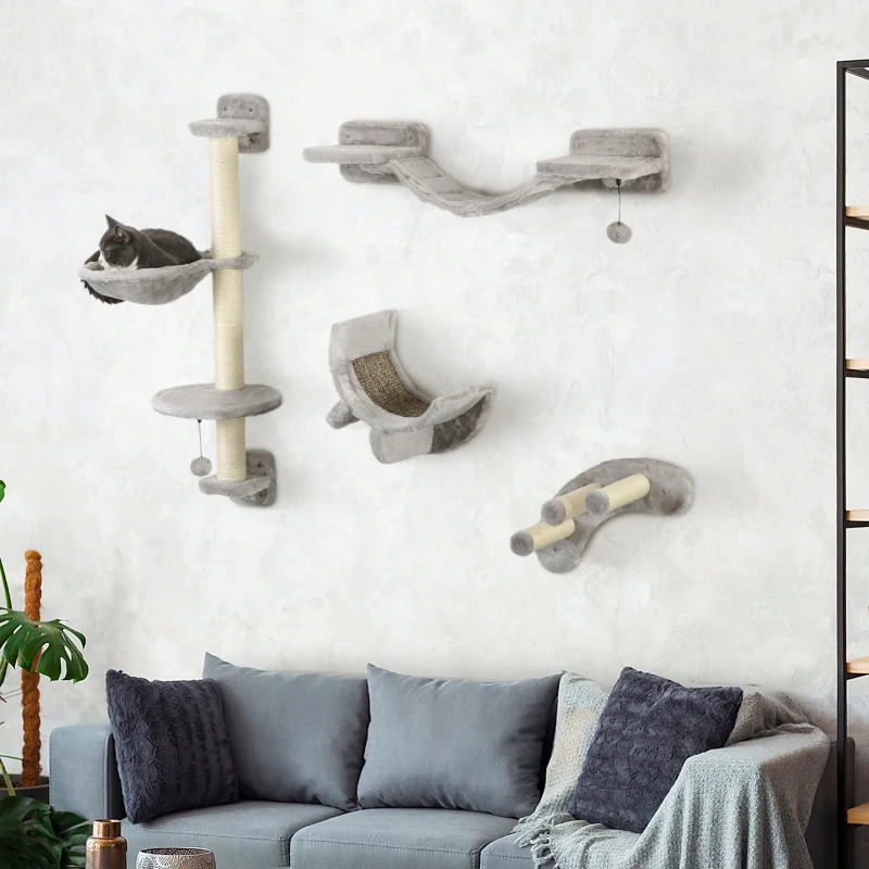PawHut 4Pcs Cat Wall Shelf with Scratching Post, Cat Wall Shelves for Relaxing, Climbing, Cat Wall With Soft Ladder, Hammock, Play Balls, Grey