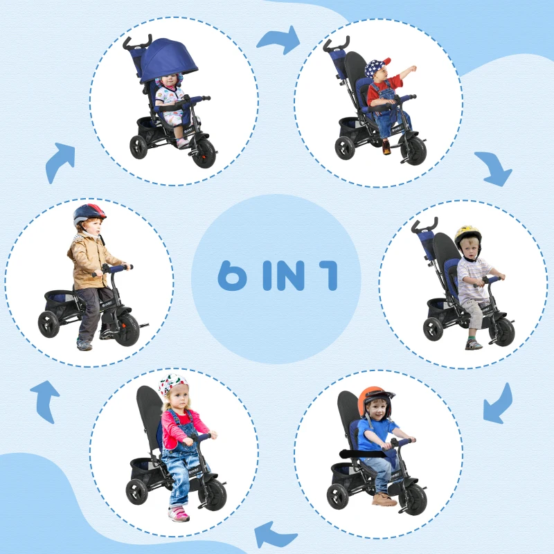 Qaba 6 in 1 Tricycle for Toddler 1-5 Years with Parent-Push Handle, Dark Blue