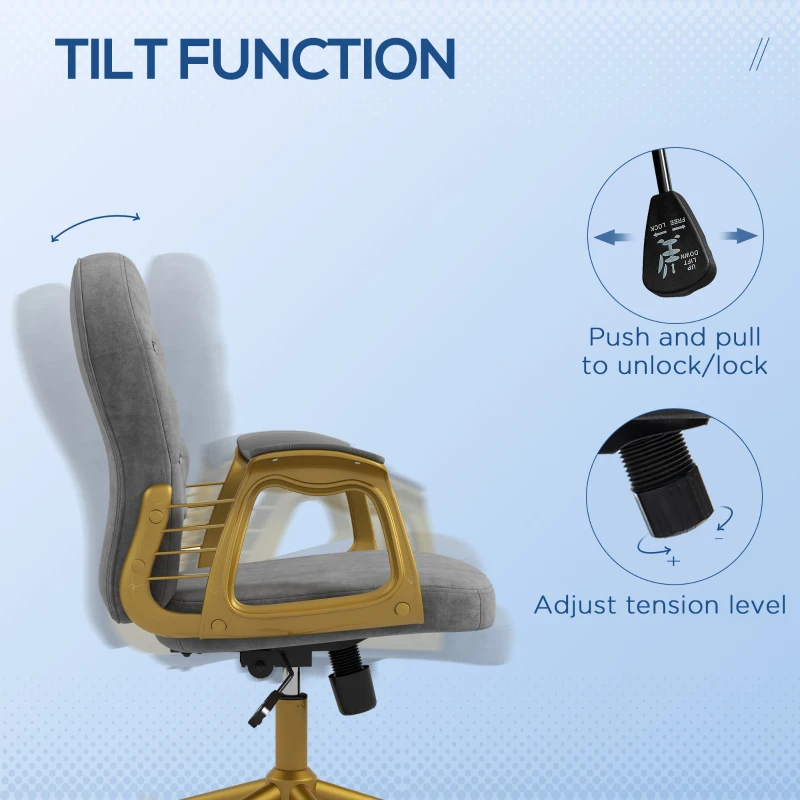 Vinsetto Velvet Office Desk Chair Button Tufted Vanity Chair with Swivel Wheels, Adjustable Height and Tilt Function, Grey