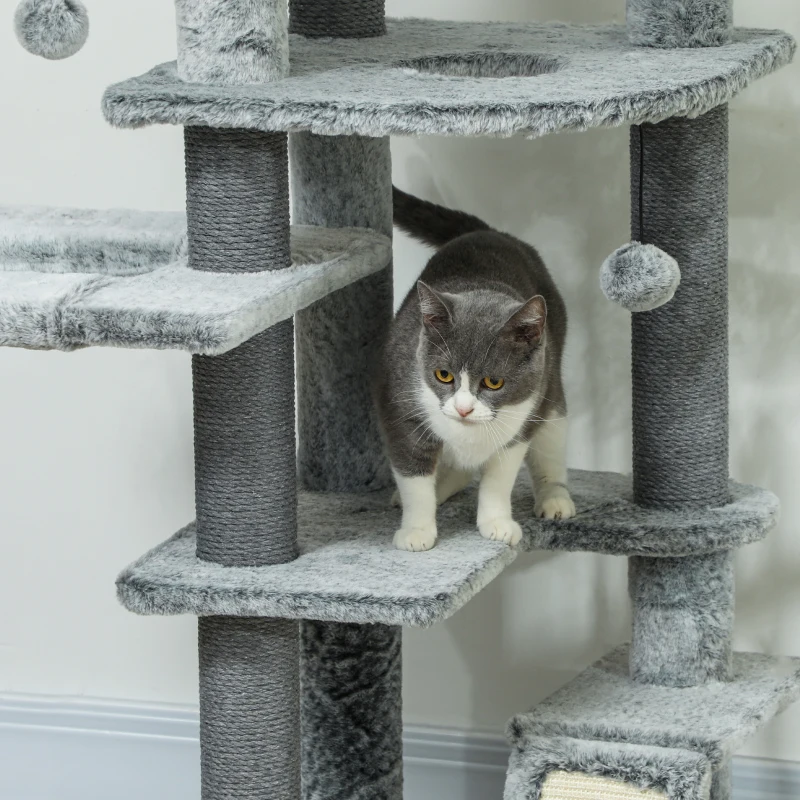 PawHut 89"-100" Floor to Ceiling Cat Tree for Indoor Cats, Activity Center with Cat Perch & Condo, Gray