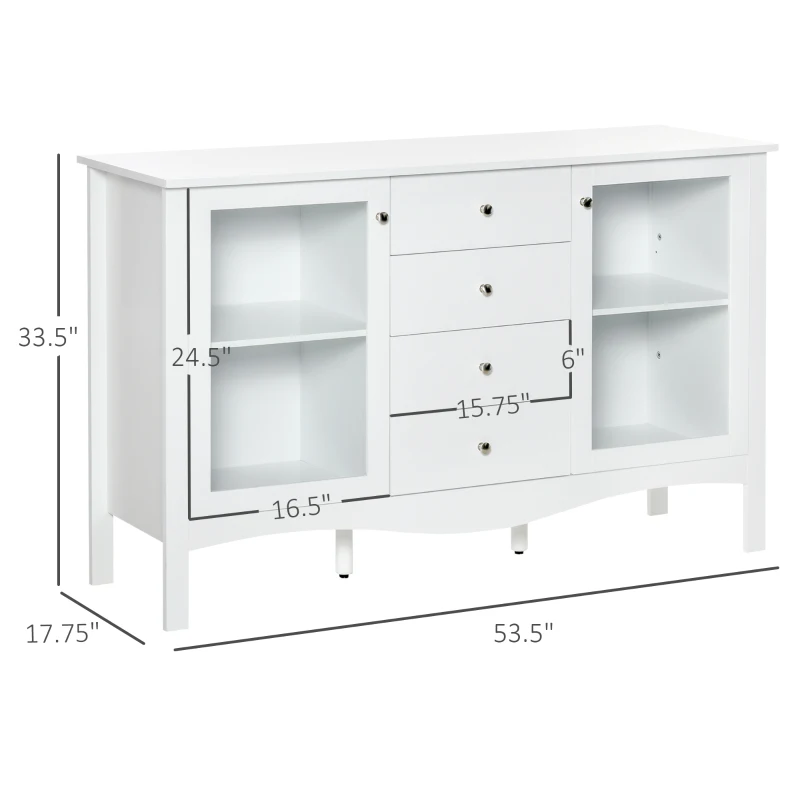 HOMCOM Sideboard Buffet, Kitchen Cabinet, Coffee Bar Cabinet with Glass Doors, Drawers and Adjustable Shelves, White