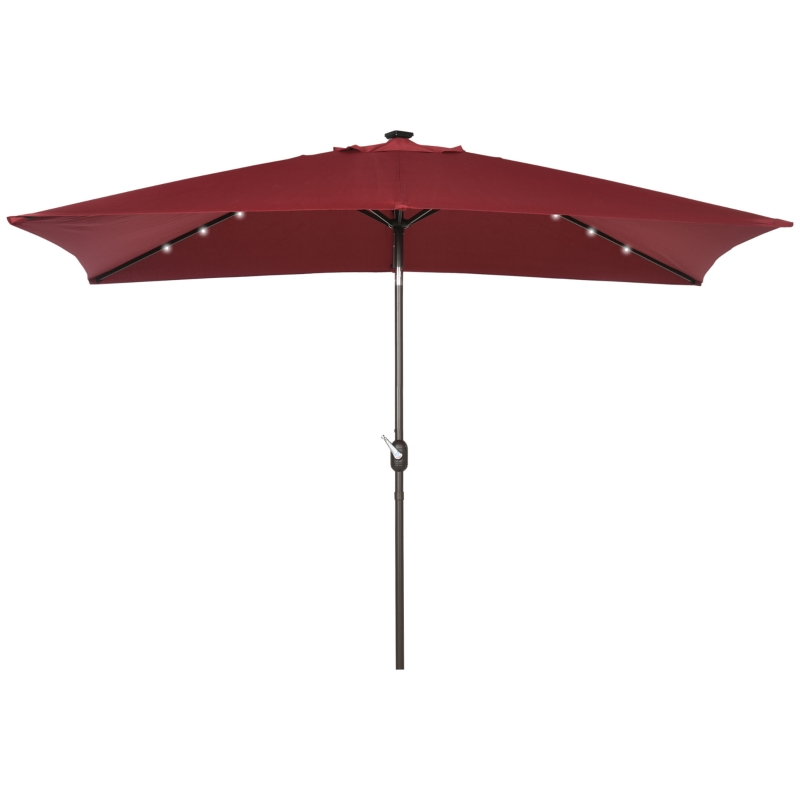 Outsunny 6.5x10ft Patio Umbrella Rectangle Solar Powered Tilt Aluminum Outdoor Market Parasol with LEDs Crank (Wine Red)