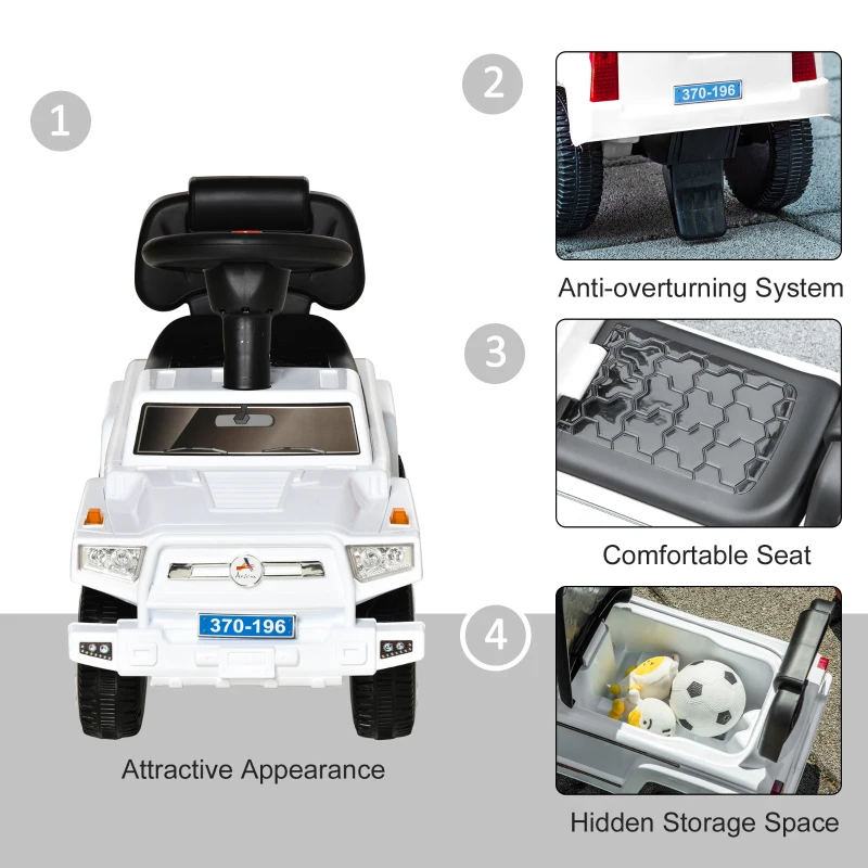 Aosom Kids Ride on Push Car, SUV Style Sliding Walking Car for Toddle with Horn, Music, Working Lights, Hidden Storage and Anti-dumping System, White