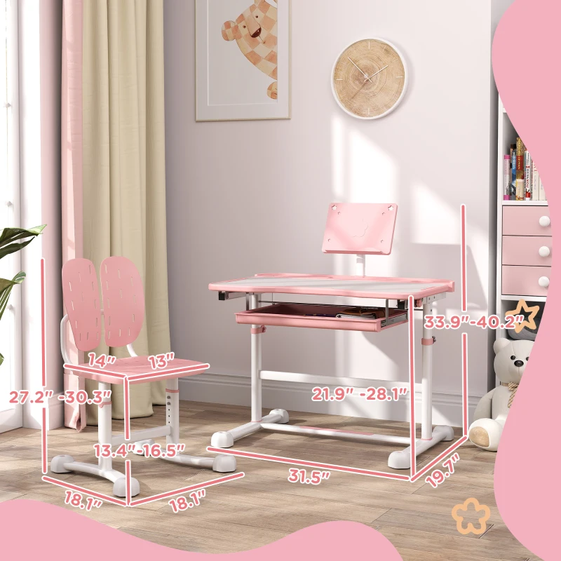 Qaba Adjustable Kids Desk and Chair Set with Tilt Desktop & Storage, Pink