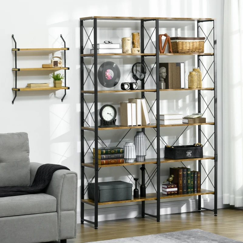 HOMCOM Book Shelf with Steel Frame, 5-tier Bookcase for Living Room, Home Office, 53.25" x 11.75" x 76", Rustic Brown