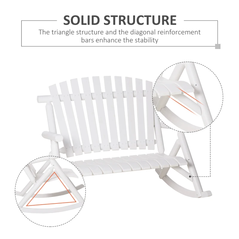 Outsunny Outdoor Wooden Rocking Chair, Double-Person Rustic Adirondack Rocker with Slatted Seat, High Backrest, Armrests for Patio, Garden and Porch, White