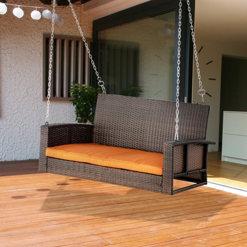 Outsunny 2 Person Wicker Hanging Swing Bench, Front Porch Swing Outdoor Chair with Cushions 550 lbs. Weight Capacity for Backyard, Garden, Orange