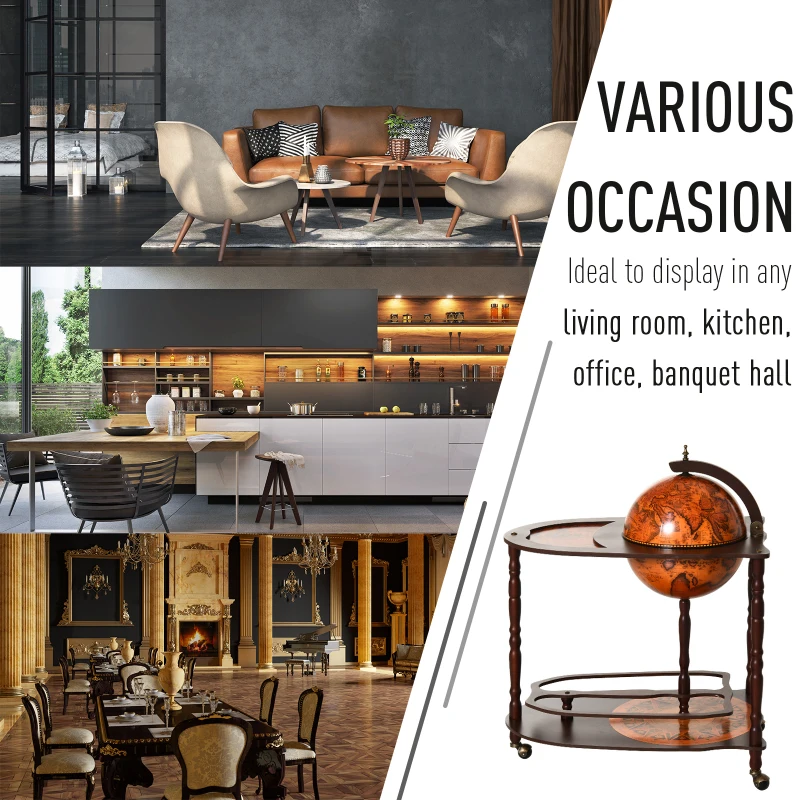 HOMCOM Rolling 28" Globe Wine Bar Stand Wine Cabinet Bottle Shelf Holder Wine Host Trolley with Wheels for 18 Bottles, Brown