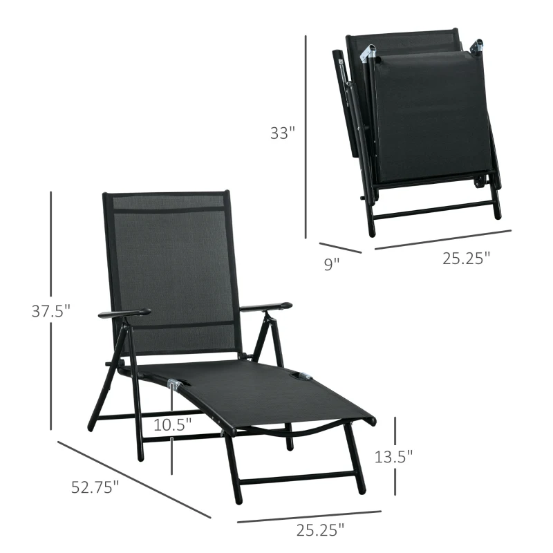 Outsunny Outdoor Set of 2 Lounge Chair, Folding Reclining Garden Sun Lounger with Metal Frame, Adjustable Backrest for Patio, Deck, and Poolside, Black